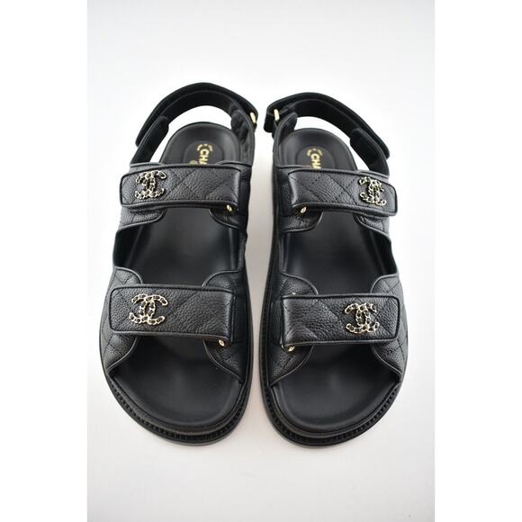 Chanel REV Black Caviar Gold CC Logo Mule Slide Strap Flat Teva Dad Sandal 39.5 - Picture 7 of 11